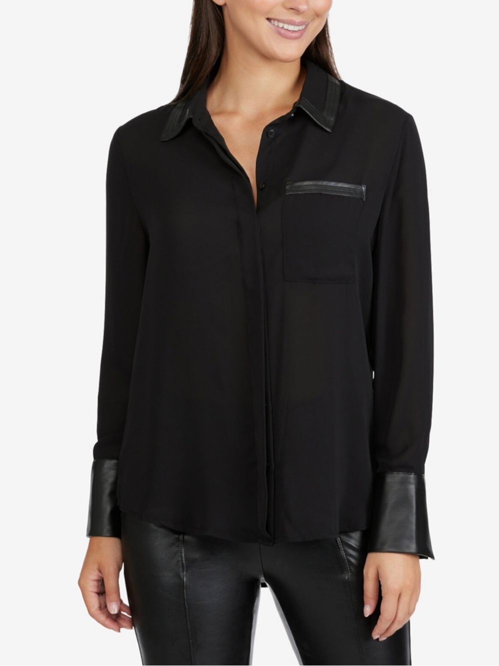 LAUNDRY BY SHELLI SEGAL Black Blouse Faux Leather Trim Size Medium